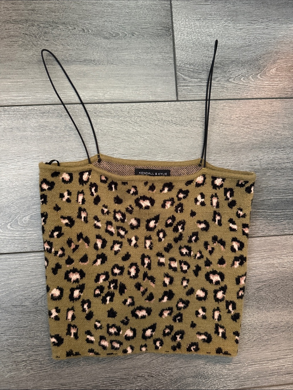 Kendall & Kylie Olive Leopard Print Knit Camisole with Black Straps